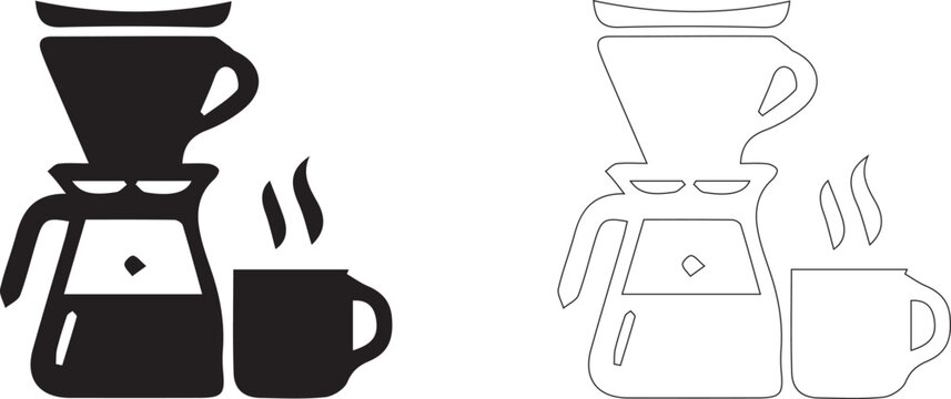 Manual pour over drip coffee maker with glass carafe and hot steaming mug icon set in silhouette style.