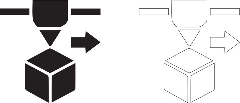 Industrial 3D printer nozzle extruding a three dimensional cube with motion arrow icon set in silhouette and line art style.