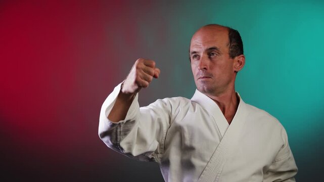 A young athlete blocks and punches against a multi-colored background with flashing red and green lights