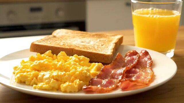 Classic Breakfast with Scrambled Eggs and Bacon - A hearty breakfast plate featuring fluffy scrambled eggs and crispy bacon alongside toasted bread.