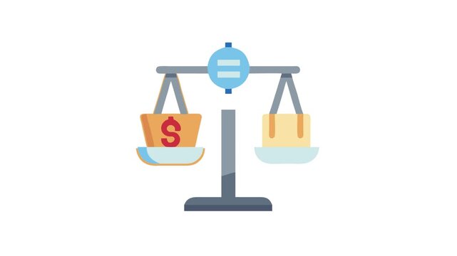 Balance scale showing equal weight between money and product