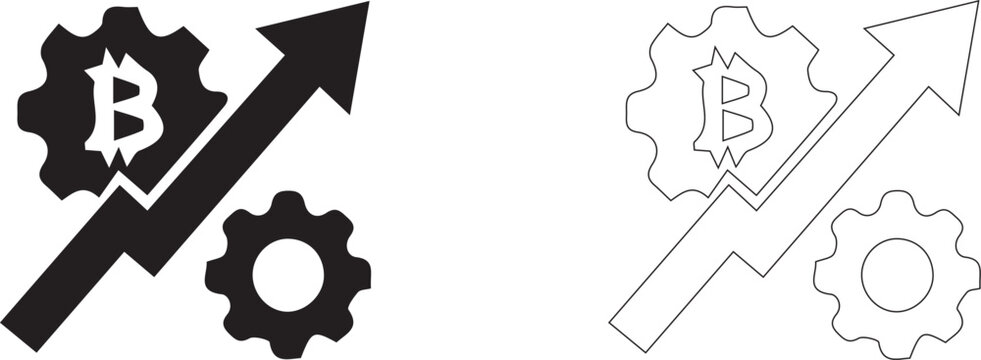 Bitcoin cryptocurrency growth concept with gear wheels and upward arrow icon set in silhouette and thin line style.