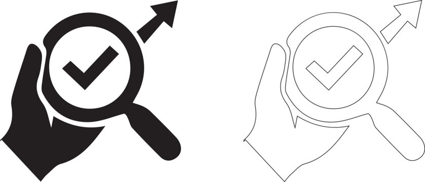 Business analysis and quality control icon set featuring hand holding magnifying glass with check mark and growth arrow.