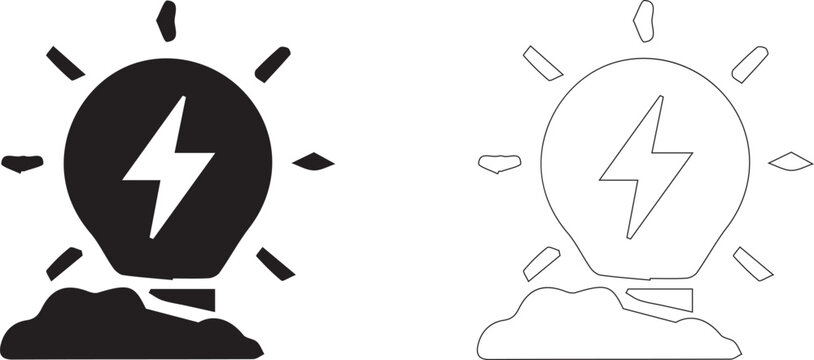 Light bulb icon set with lightning bolt energy symbol in solid black silhouette and thin line art style isolated on white.
