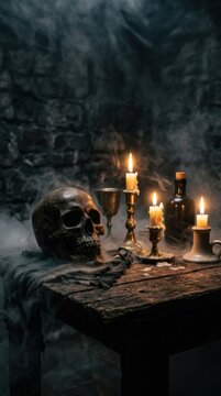 Skull on table with goblet, candles and potion bottle in fog. Halloween occult still life concept.