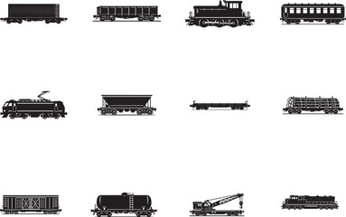 Obraz premium Locomotive and railway wagon icon set with freight train transport vector illustrations.
