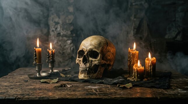 Skull on wooden table with dripping candles and smoky background. Halloween gothic still life concept.