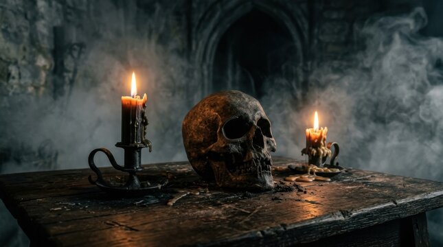 Skull with candle cluster on rustic table and drifting fog. Halloween macabre decoration concept.