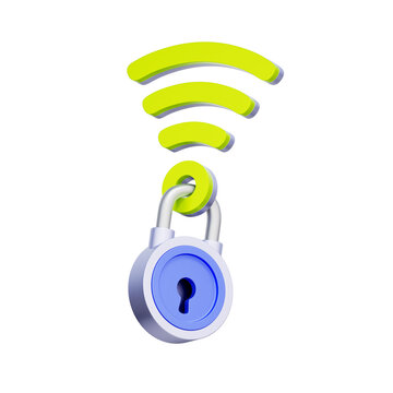 3D illustration of a padlock with a wifi signal symbol for secure wireless network, cyber security, VPN access, internet privacy, safe remote connection, and encrypted digital workspace.