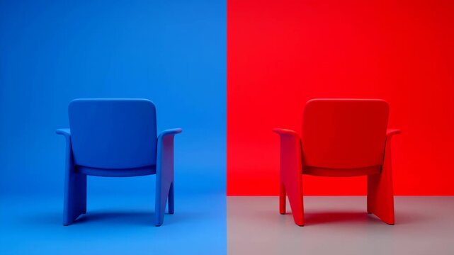 Minimalist Blue and Red Chairs with Contrasting Backgrounds - The video features two chairs, one in vibrant blue and the other in striking red, both facing away from the viewer.