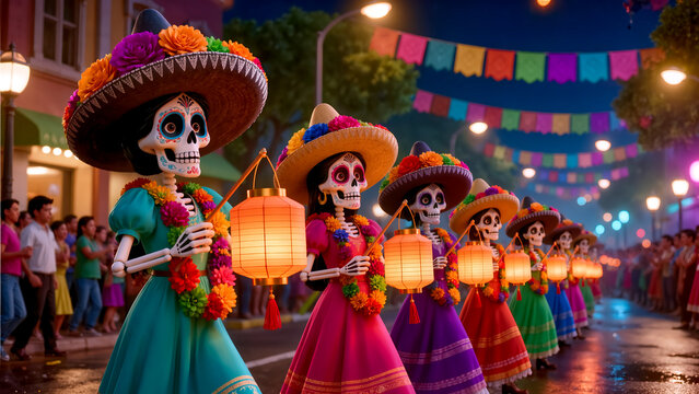 Day of the Dead celebration featuring a parade of skeletons in colorful Mexican traditional dresses and sombreros holding glowing lanterns at night. 3D render style with side perspective view.