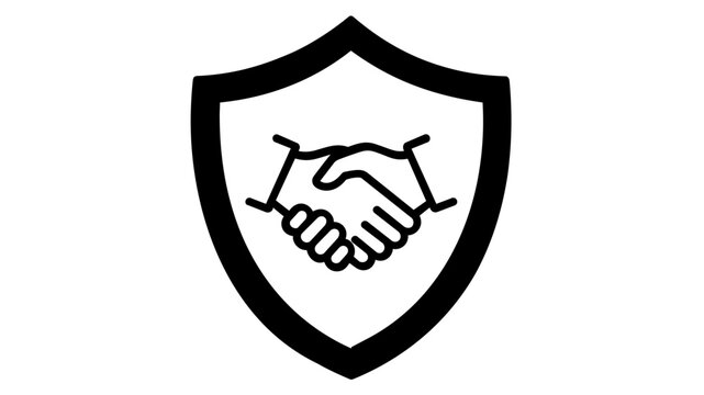 Scalable vector icon illustration of a fiduciary duty handshake with a shield, emphasizing legal protection, financial responsibility, and professional trust in banking and investment deals.