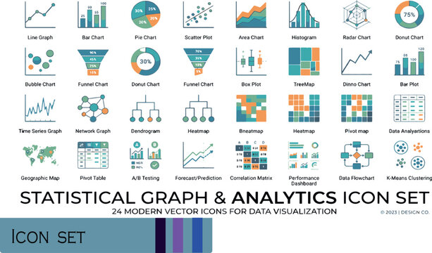 Print Statistical Graph and Analytics Icon Set - Modern Vector Icons for Data Visualization and Infographics