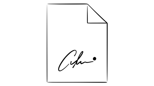 Minimalist flat vector icon of a finalized commercial pact displaying a formal document with a blue pen and autograph line, ideal for corporate legalities and executive trade agreements.