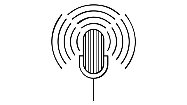 Studio microphone with sound waves vector icon in a clean line art style, minimalist podcasting illustration for audio communication, digital broadcast, and professional voice recording.