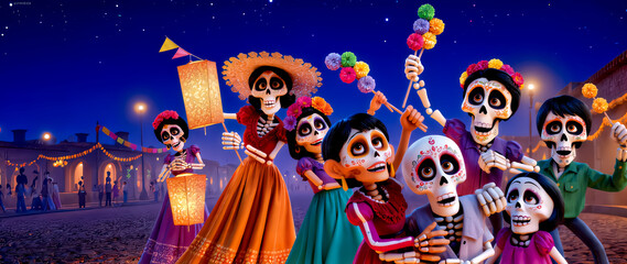 Naklejka premium Vibrant 3D cartoon style illustration of a happy group of children and adults in sugar skull makeup celebrating Day of the Dead on a historic street at night with starry sky and copyspace.