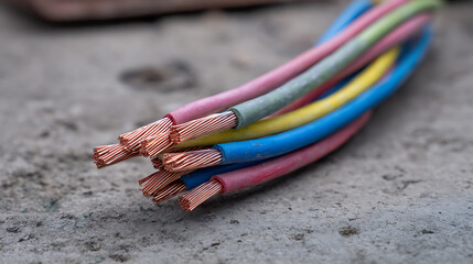 Fototapeta premium Colorful Bare Copper Wires for Electrical Installation, Closeup View of Exposed Strands on Concrete Surface, Construction Material