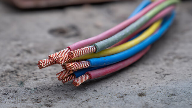 Colorful Bare Copper Wires for Electrical Installation, Closeup View of Exposed Strands on Concrete Surface, Construction Material