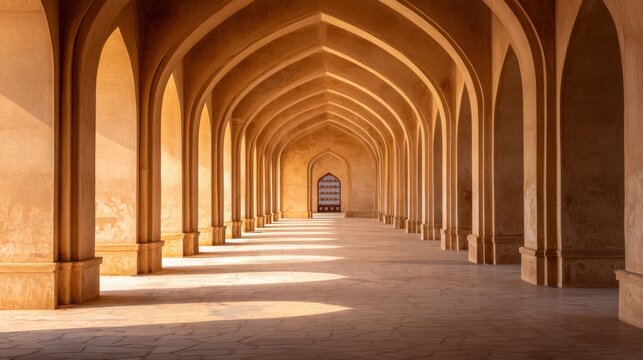 An expansive corridor with multiple arches and warm light creates a serene, inviting atmosphere
