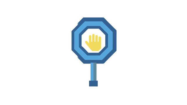 Stylized stop hand sign with blue border and pole