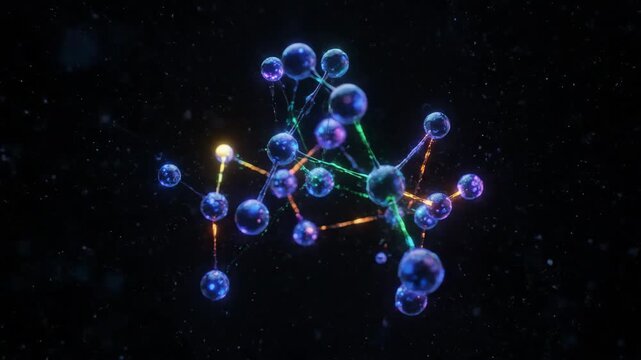 Vibrant 3D Molecular Network - A colorful, abstract molecular network is depicted in a digital 3D space, showcasing a web of connected spheres glowing with vibrant colors.