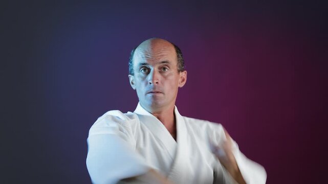 A young athlete performs blocks and punches against a multi-colored background with flashing lights