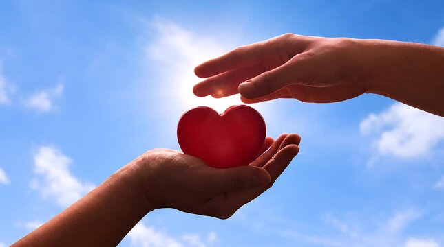 Giving a small red heart symbol to another person against a bright sunny blue sky background in this cinematic slow motion video footage of kindness
