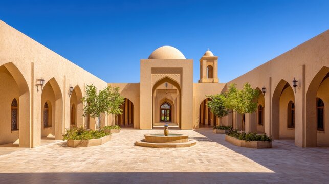 A spacious courtyard featuring traditional architecture with a central fountain and greenery