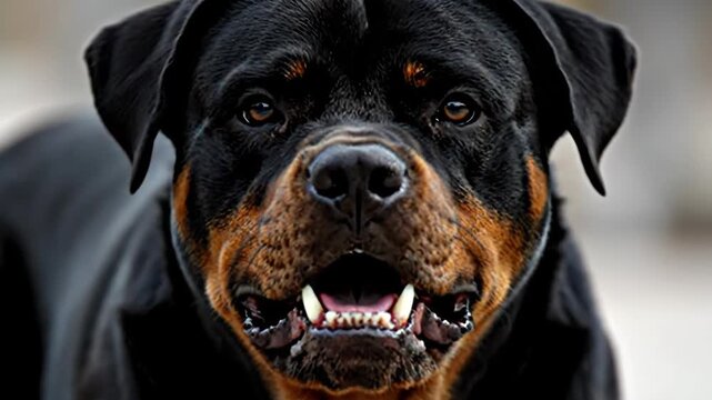 Rottweiler Portrait with Open Mouth - This is a tight portrait of an aggressive Rottweiler showing its teeth. The canine expression is intense with an open mouth, blurred background, and focused eyes.