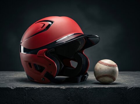 Red baseball batting helmet and used baseball on concrete surface