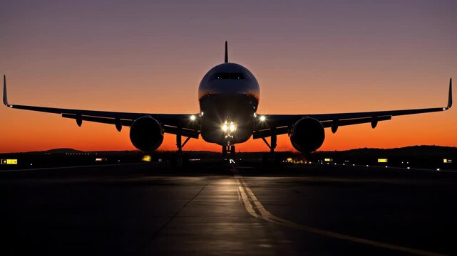 Airplane Landing at Sunset - A plane is captured mid-air as it approaches the runway for landing. The plane's landing gear is visible, and its lights illuminate the dark tarmac against a vibrant