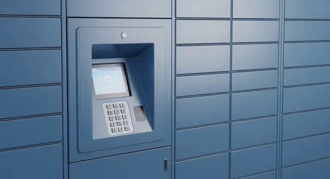 Automated blue parcel locker system with keypad and screen interface, ideal for modern delivery solutions.