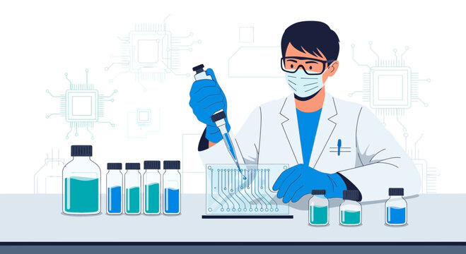 Scientist conducting research with microfluidic chip and liquids in laboratory