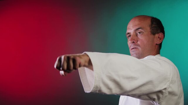 A young athlete throws punches against a multi-colored background with flashing red and green lights
