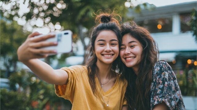 Two young women taking selfie outdoors