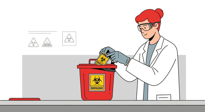 Scientist Disposing of Biohazard Waste in Red Bin with Biohazard Symbol