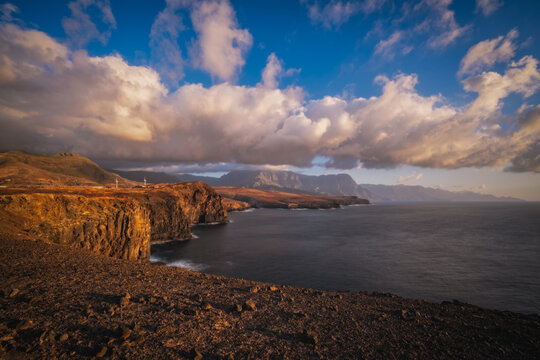The mountains and the ocean at sunset. Playa Arrastradero near Risco Partido, Gran Canaria, March 2026