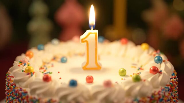 First Birthday Anniversary Cake - A festive white birthday cake with colorful sprinkles and candies has a single burning candle shaped like the number one on top.
