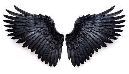 Obraz premium Pair Of Detailed Feathered Black Wings Spread Wide Open In A Symmetrical Pose Isolated On A Solid White Background For Creative Design Projects