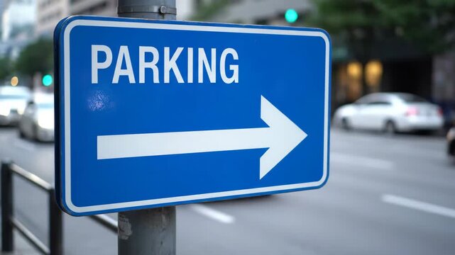 Urban Parking Sign with Blurred Traffic - A blue metal parking sign indicating direction to available parking, prominently displayed in an urban setting.