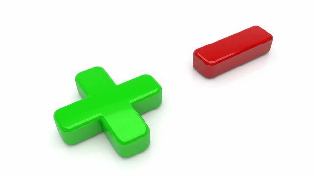 Green Plus and Red Minus 3D Icons - A bright green plus symbol and a red minus symbol are shown in a minimalistic 3D design on a white background. The icons are isolated and have a glossy appearance.