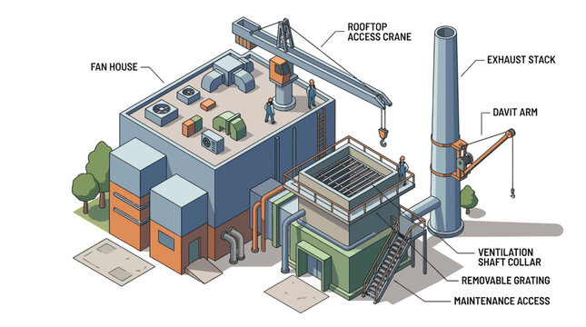 Isometric illustration of an industrial facility with a fan house, exhaust stack, rooftop crane, and ventilation shaft, detailing various access and maintenance points.