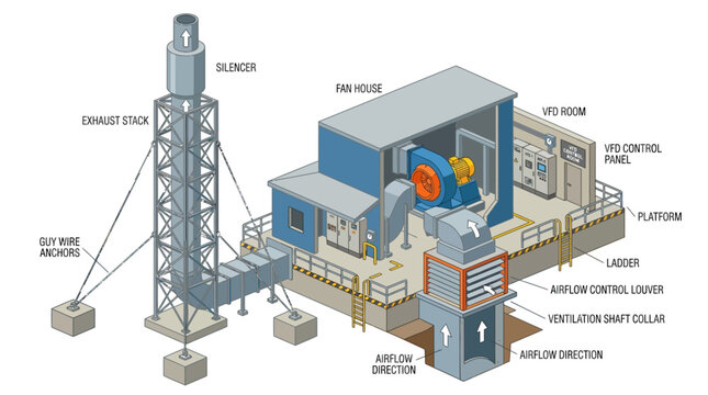 Isometric diagram illustrating an industrial exhaust and ventilation system with a fan house and tall stack.