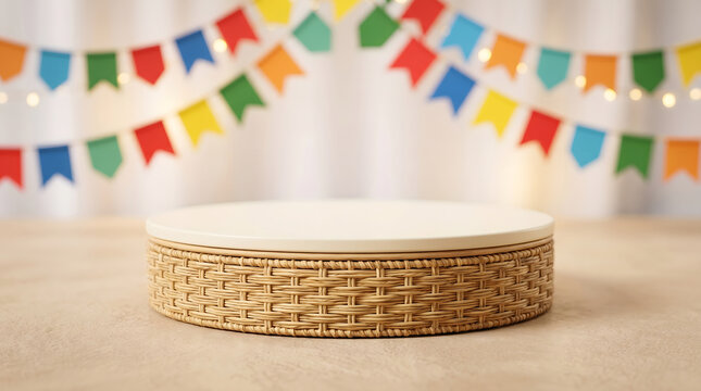 Basket texture podium with flags bokeh bright 3D product display mockup