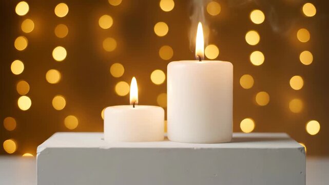 Burning Candles with Bokeh Lights - Two white candles are burning on a white concrete block. Golden bokeh lights glow softly in the background creating a warm, inviting ambiance.