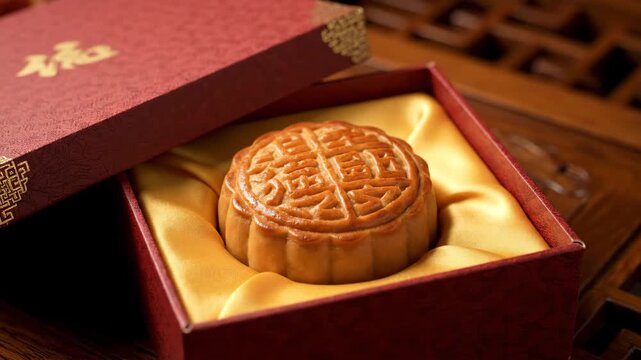 Chinese Moon Cake in Gift Box - A single moon cake sits nestled inside an opened red gift box lined with golden satin.