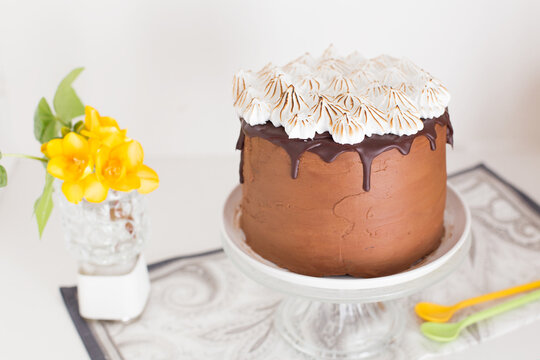 Close-up of a chocolate cake with melted chocolate and meringue topping on cakestand next to a vase with spring flowers