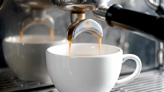 Closeup of Espresso Machine Pouring Coffee - A closeup view of an espresso machine expertly pouring fresh coffee into a white ceramic cup.