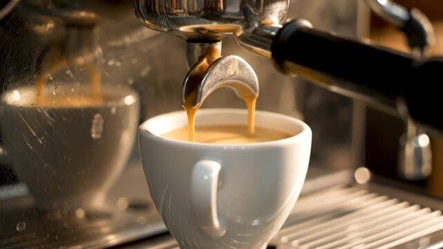 Espresso Pouring Close-Up - A close-up captures espresso being poured into a white ceramic cup from a professional espresso machine, with steam gently rising.