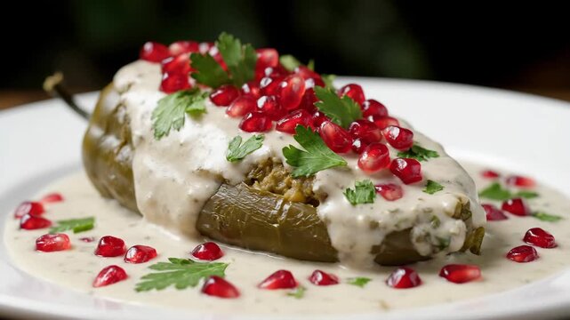 Traditional Mexican Chiles en Nogada Dish - A close-up view of a traditional Mexican dish, Chiles en Nogada, featuring a stuffed chili pepper topped with creamy walnut sauce and garnished with